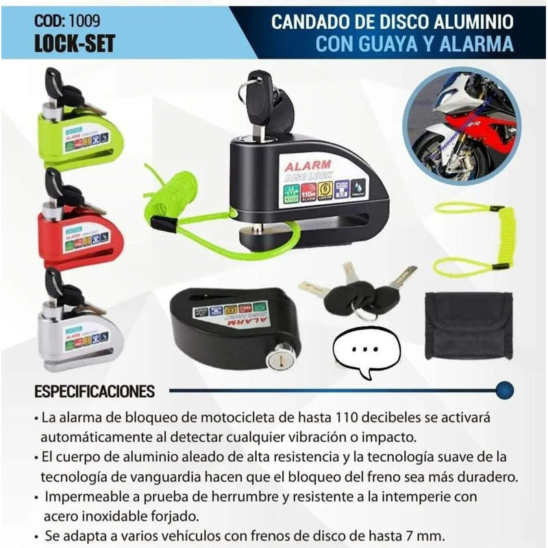 Candado De Moto Con Guaya Alarma Disco + 2 Llaves Y Estuche